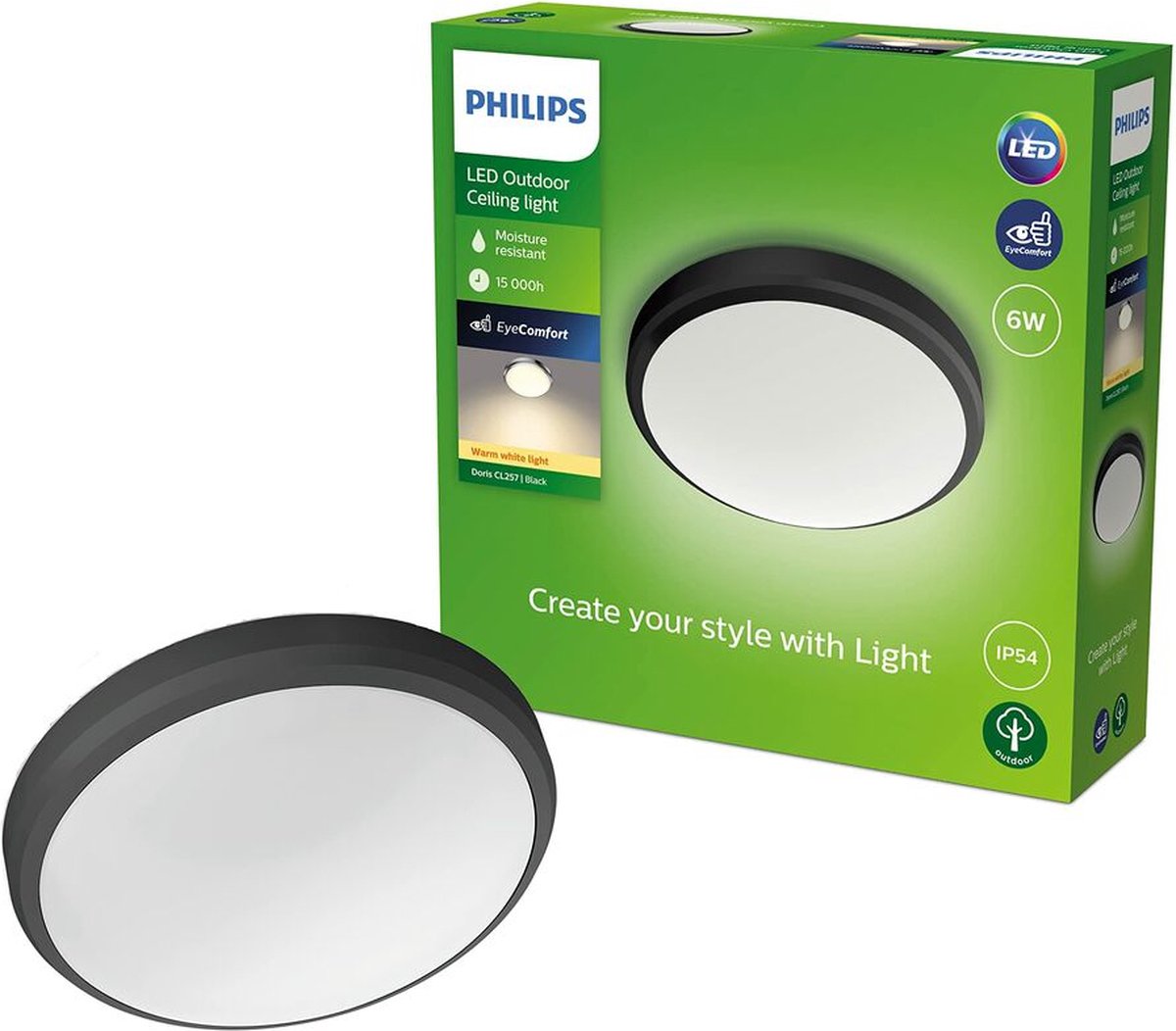 Philips LED Doris Decke 6W 27K Schwarz IP54 HV