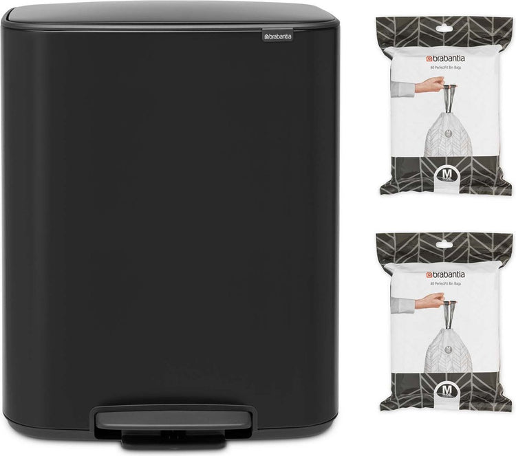 Brabantia Bo Abfallbehälter – 60 Liter – 1 Fach – mit 80 Müllbeuteln – mattschwarz