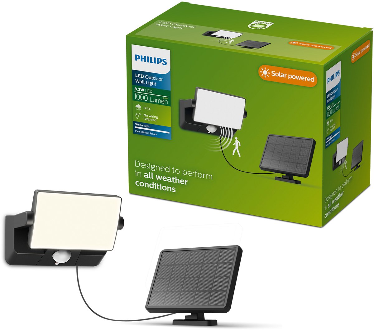 Philips LED Philips Fyns Solar-Wandleuchte – Solarenergie – helles weißes Licht: 3000 K – Schwarz – zwei Lichtmodi – Dämmerungssensor – Bewegungssensor – IP44: wetterfest – Solar-Außenbeleuchtung – Sicherheitslampe