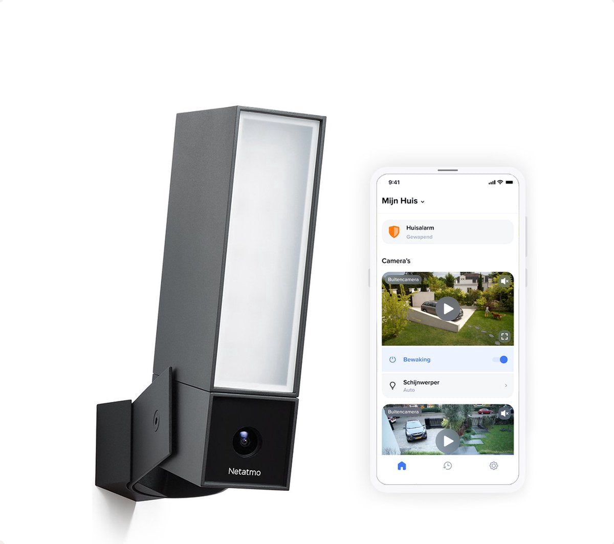 Netatmo Smarte Sicherheitskamera – Außenüberwachungskamera – Kameraüberwachung – mit Bewegungserkennung, Nachtsicht und integrierter Beleuchtung – Schwarz – 1 Stück