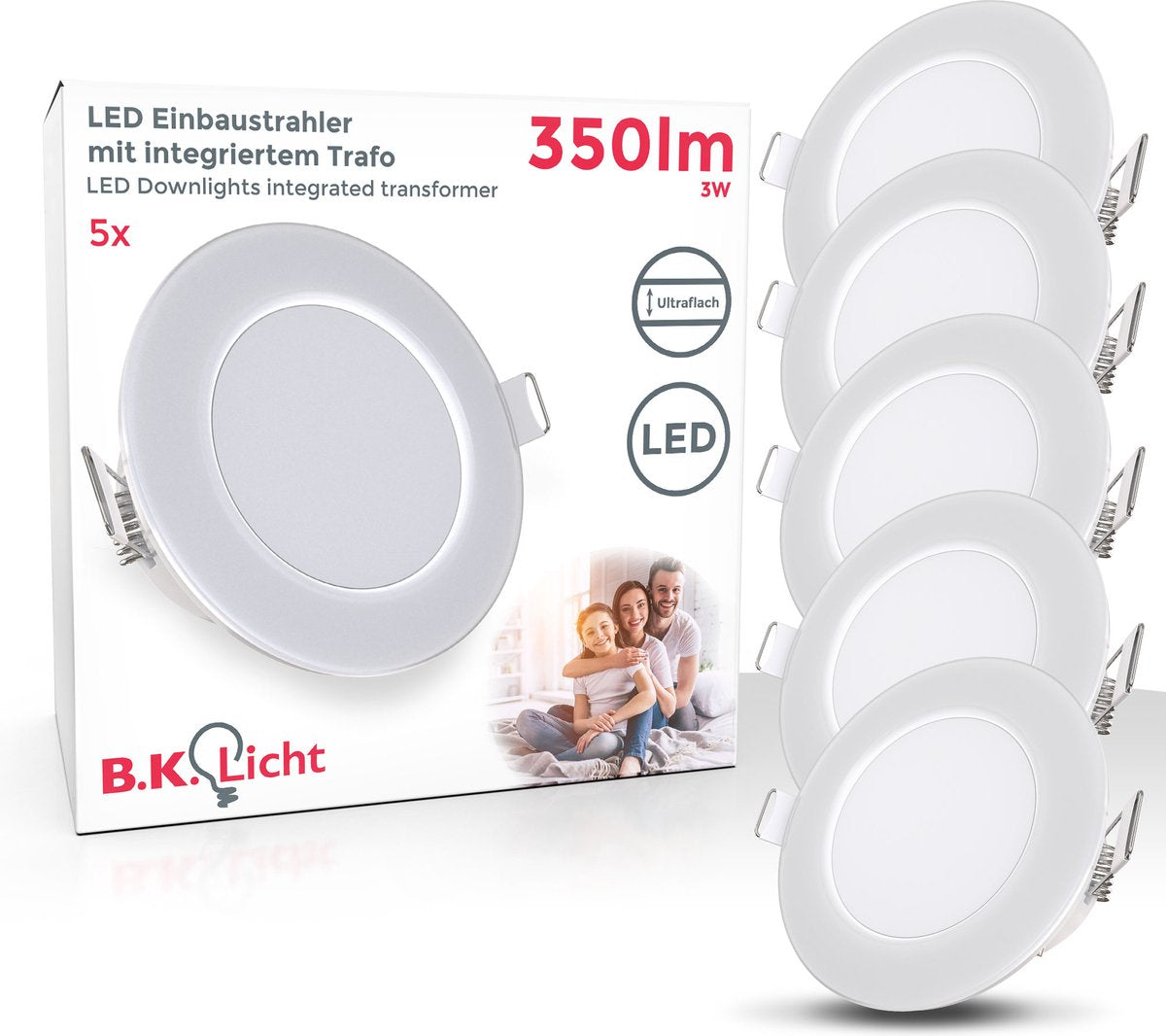 Briloner b.k.licht – LED-Einbaustrahler – 5er-Set – Badezimmerbeleuchtung – Strahler – IP65 – 4.000 K neutralweißes Licht – 350 lm – 3 W – ø8,6 cm