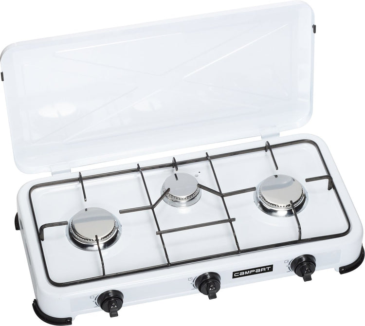 Campart Campingkocher KO-6383 – Campingkocher 3 Brenner – Gaskocher mit Edelstahlbrenner – Weiß