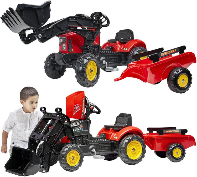 Roter Falk-Kompressor-Trettraktor mit aufklappbarer Haube und Anhänger