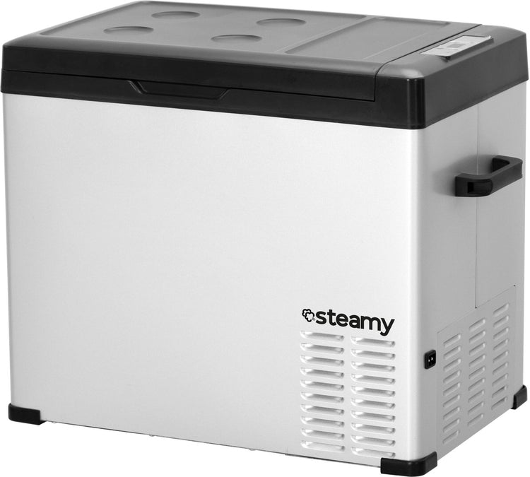 Steamy -e Einzonen-Kühlbox mit elektrischem Kompressor – Einzelzone – 44 Liter – 12 V und 230 V – für Auto und Camping – Silber