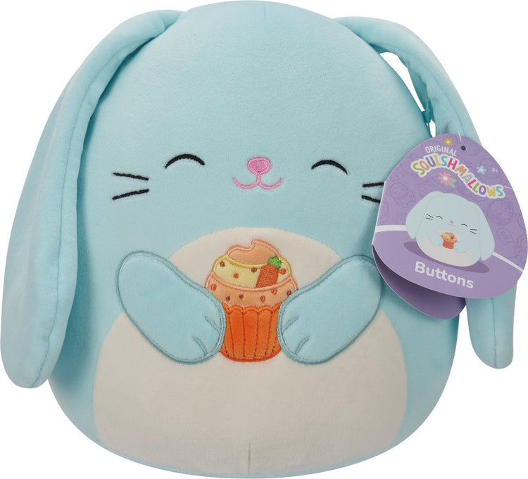 Jazwares Squishmallows – kleiner Plüsch – (Knöpfe – blauer Hase mit weißem Bauch, der Karotten-Cupcake hält) – 19 cm Plüsch