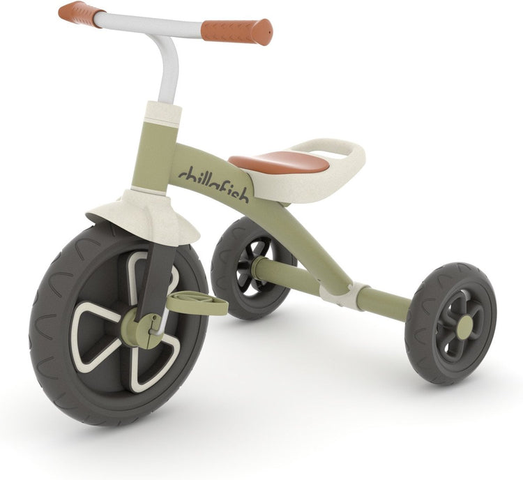 Chillafish Dreirad 1 Jahr für Jungen mit Anti-Rutsch-Pedalen – Retro-Laufrad für Kleinkinder bis 5 Jahre – grün – leicht und stabil mit Tragegriff – leise Anti-Rutsch-Reifen für drinnen und draußen – Modell Ziggi