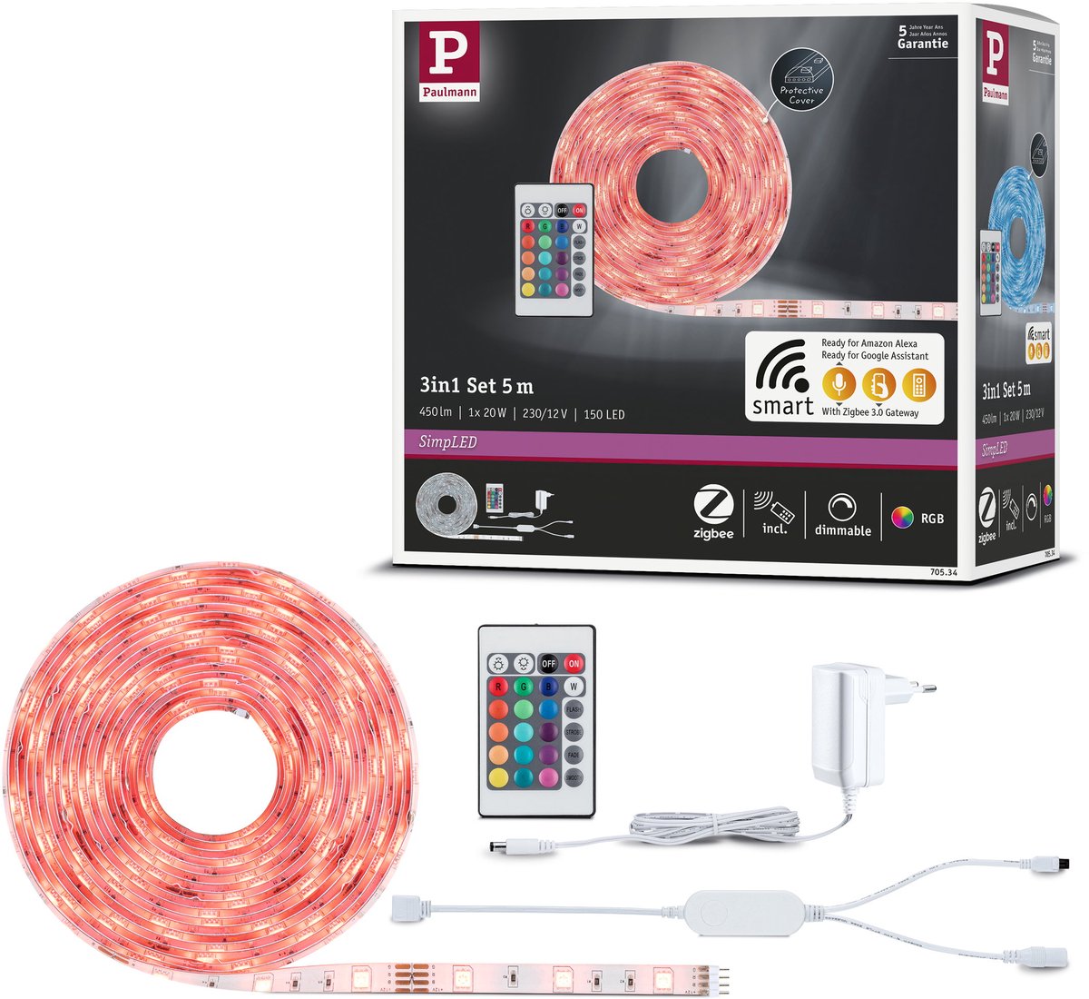 Paulmann einfacher LED-Streifen 5 Meter Smart Home ZigBee 3.0 RGB – Plug-Play-Set – 20 W – 90 lm m – 30 LEDs m – beschichtet – für den Innenbereich