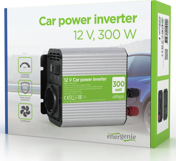 Energenie Auto-Wechselrichter 12 V > 220 V – 300 W – Steckdose + 1 USB – zB-pwc300-01
