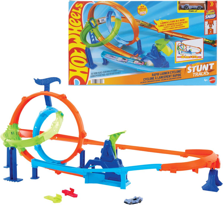 Mattel Hot Wheels Stunt-Strecken-Schnellstart-Cyclone-Streckenset und Spielzeugauto aus Metall