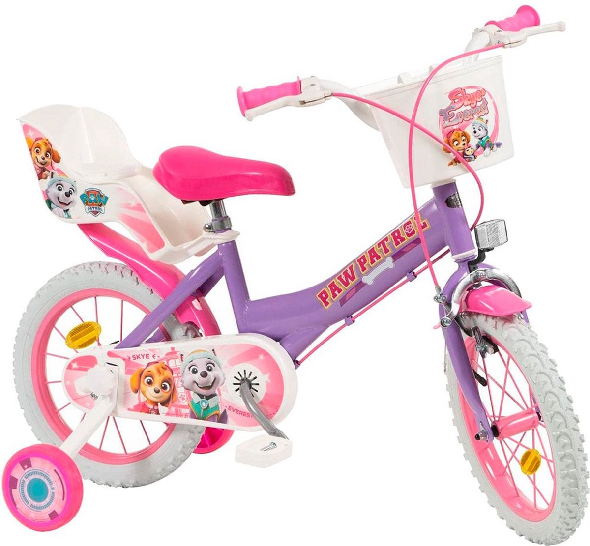Paw Patrol Toimsa Kinderfahrrad – 14 Zoll – Lila Flieder – für Mädchen – inklusive Stützrädern, Puppensitz und Korb – 4 bis 6 Jahre