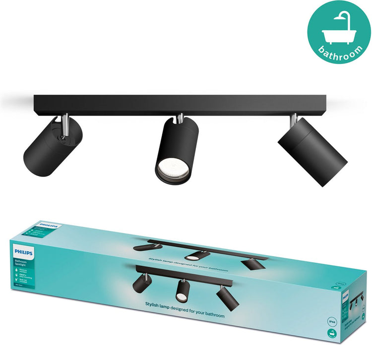 Philips LED Philips Idris Spot – spritzwassergeschützt IP44 – 5W – Schwarz – Badezimmerlampe – drei Lichtpunkte – nur für LED-Spots geeignet