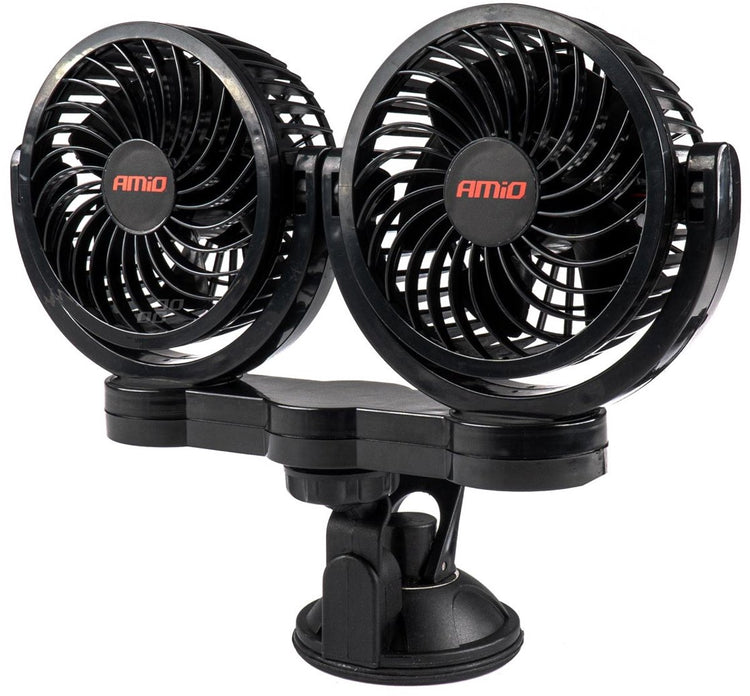 Amio Doppel-Autoventilator mit Saugnapf und USB-Ladegerät, schwarz (5 x 10 cm), 12 V