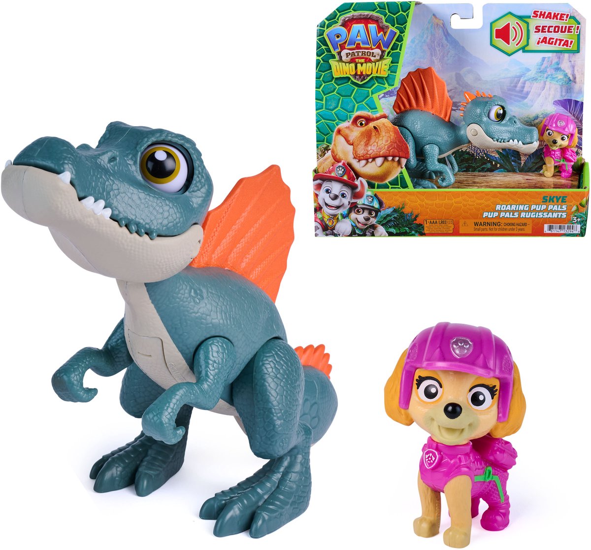 Paw Patrol – Der Dino-Film – Skye Roaring Pup Pals, enthält einen 12,7 cm großen beweglichen Spielzeugdinosaurier Spinosaurus mit aktivierten Geräuschen und eine Skye-Actionfigur