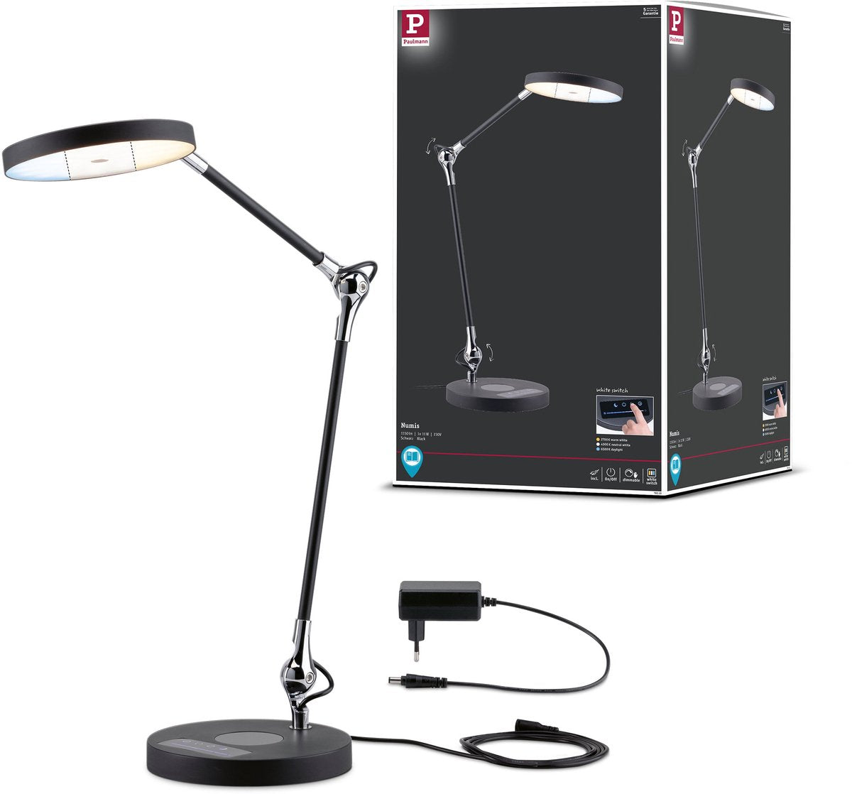Paulmann LED Schreibtischleuchte Numis Weiß Schalter 1000lm 11W Schwarz