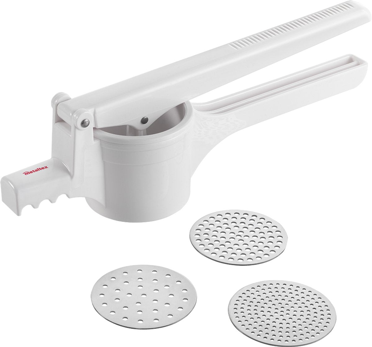 Metaltex - Kartoffelstampfer - Püreestampfer - 3 austauschbare Edelstahlscheiben - 36 cm - Weiß
