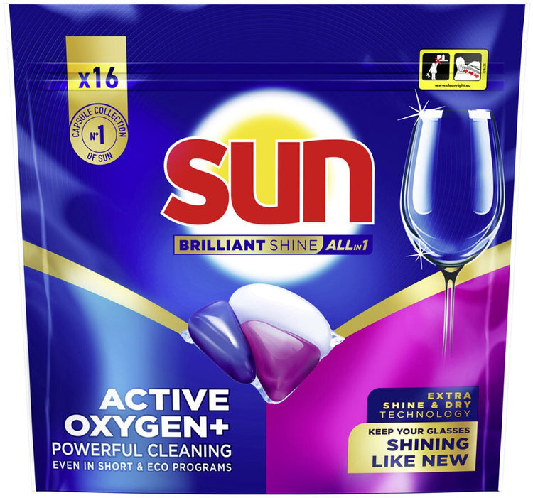 Sun - Spülmaschinenkapseln - Brillanter Glanz - All-in-1 - eine Kapsel mit Aktivsauerstoff+ - 16 Spülmaschinentabs