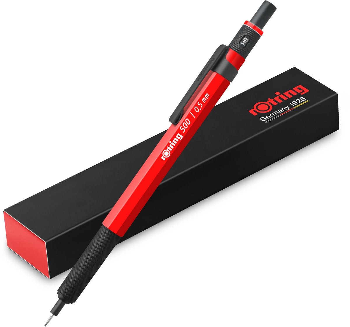 Rotring 500 Druckbleistift | 0,5 mm Graphit HB | rote sechseckige Kunststoffhülse und Metallgriff mit rutschfester Struktur
