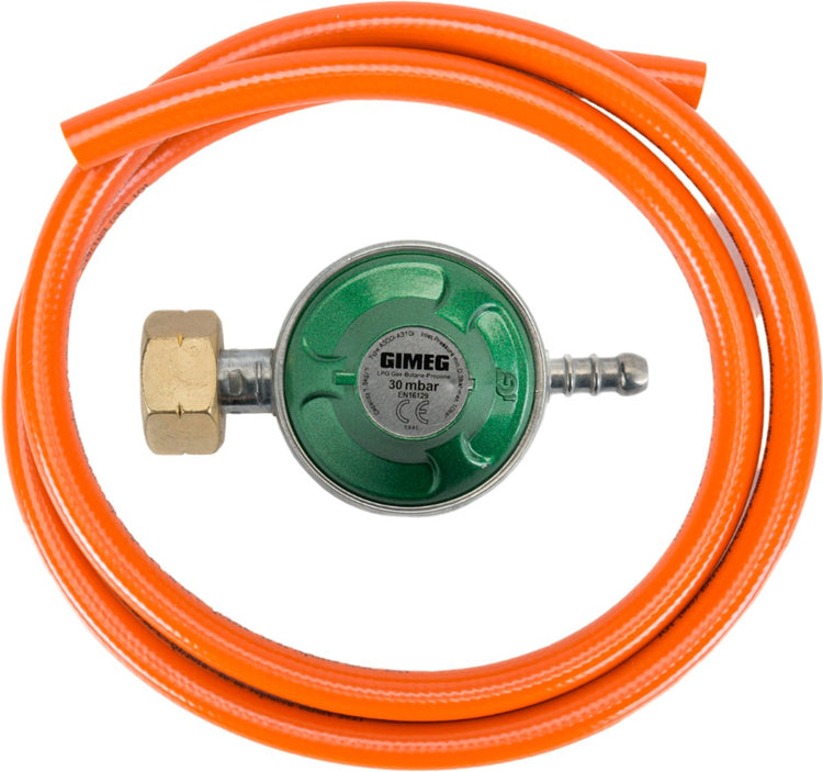 Gimeg Gasdruckregler-Set – 30 mbar – Kombination x Schlauchtülle – Schlauch 150 cm