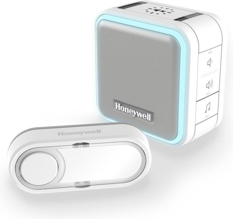 Honeywell Elektrobert DC515S kabellose tragbare Türklingel mit Halo-Licht, Schlafmodus und horizontalem Klingelknopf, 6 Melodien, 84 dB, 150 Meter, weiß