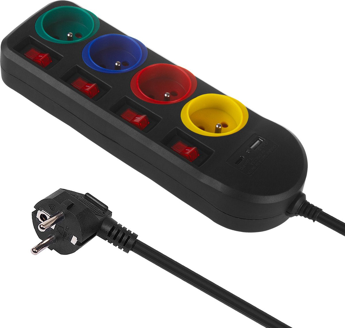 Maclean mce508 b – Steckdosenleiste – 4x Verlängerungskabel + USB A C, mit Schaltern – 250 VAC 10 A – 1,5 m – Schwarz
