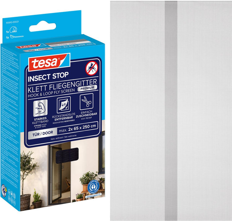 Tesa Insect Stop H L Fliegengitter Premium für Türen – Insektenschutz für Tür mit Klettverschluss, abnehmbar, Anthrazit – 120 x 250 cm