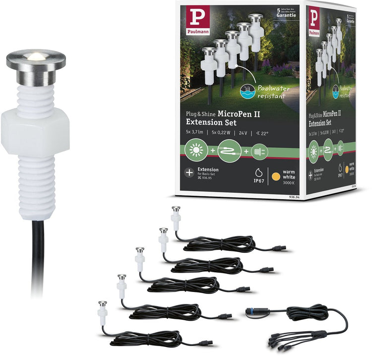 Paulmann Plug Shine LED Bodeneinbauleuchte Micropen II Erweiterungsset IP67 3000K 5x0,2W Silber