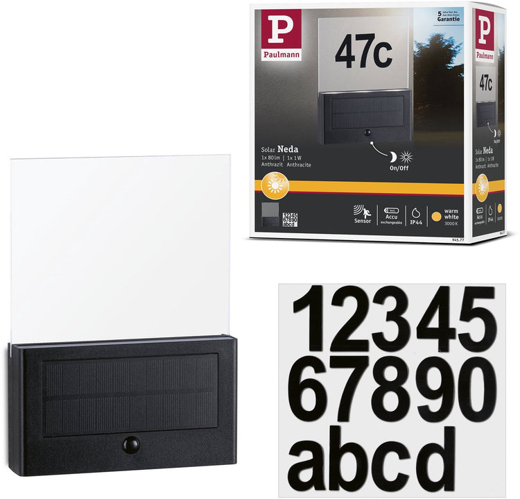 Paulmann Solar LED Hausnummernbeleuchtung Neda Bewegungsmelder IP44 3000K 27LM Anthrazit