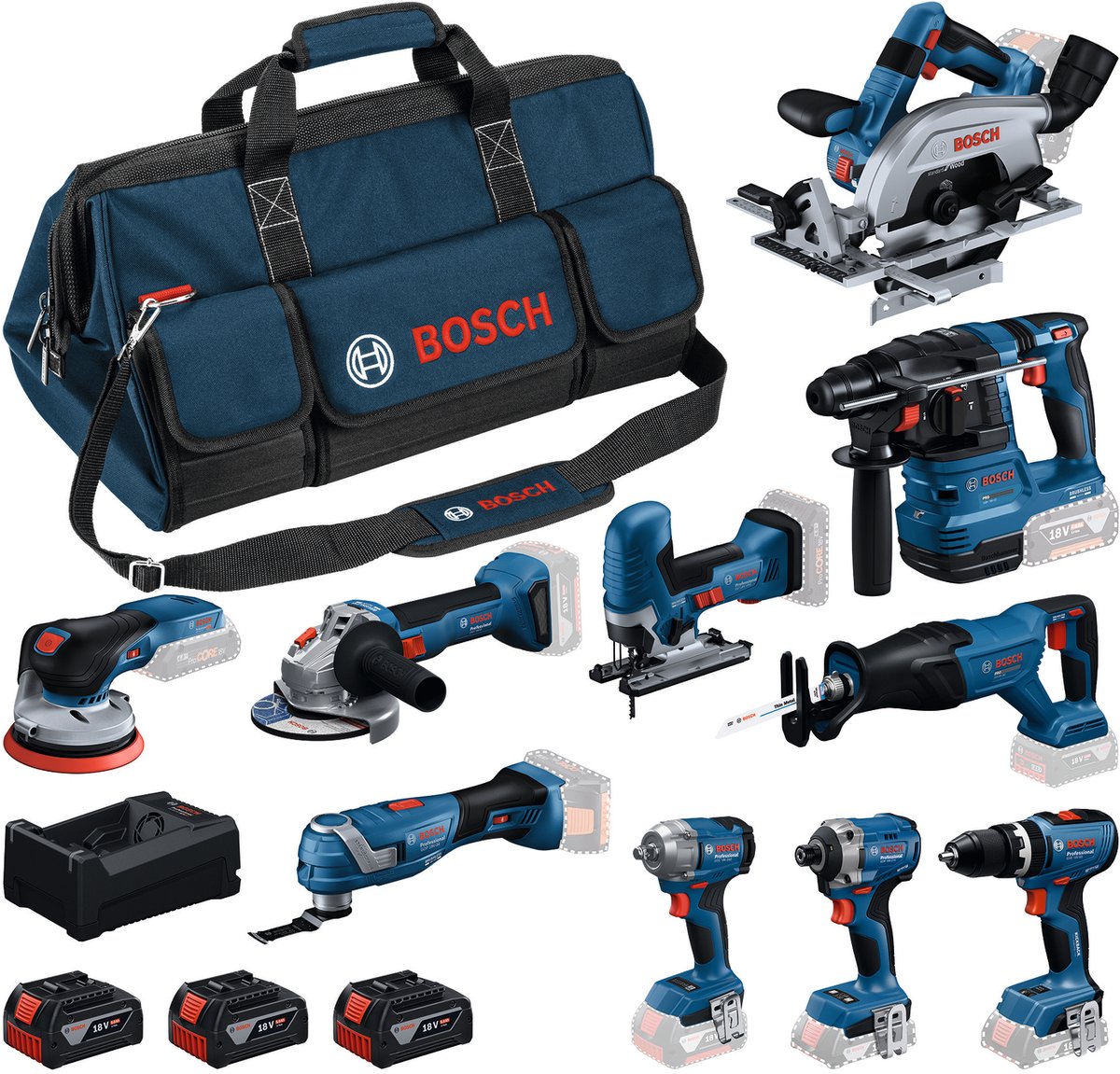 Bosch Blue 10 Werkzeugsatz 18V | Kombipaket 3 x 5,0 Ah + Ladegerät | in Werkzeugtasche - 0615a500eh