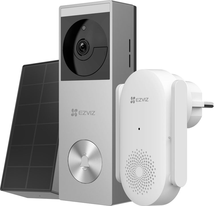 Ezviz HP3 Pro + CH1 – Video-Türklingel-Set – 2K HD – Farb-Nachtsicht – kein Abonnement – 32 GB Speicher – Solarpanel – IP65 – Silber – 1 Set