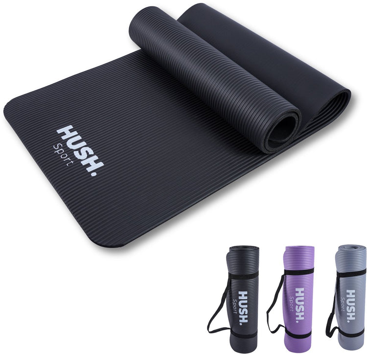 Hush Sport – Yogamatte 180 x 60 cm – 8 mm dicke Polsterung NBR – für Yoga, Pilates-Fitness – inklusive praktischem Tragegurt – leicht und rollbar – Schwarz
