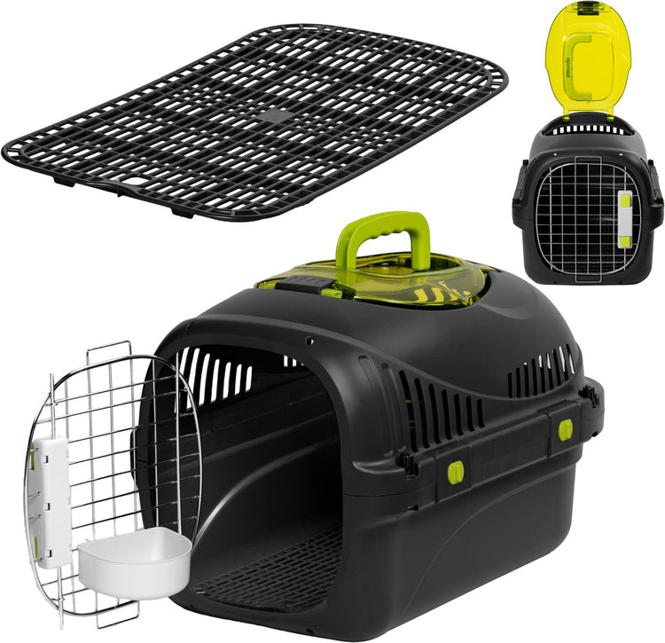 Peluvio Safy Katzentransportbox – Reisekorb – Tragetasche für Katzen bis 5 kg – leicht faltbar – stabiles PP-Gehäuse Metalltür – gute Belüftung – herausnehmbares Gitter, Wasser- und Futternapf – sicher und bequem unterwegs
