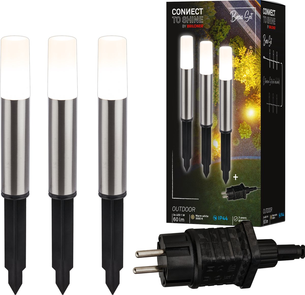 Briloner connect to Shine – LED-Wegbeleuchtung – 3er-Set – Gartenbeleuchtung-Starterset – Sockellampe – IP44 – warmweißes Licht – ø4x36 cm – 1,5 m Kabel