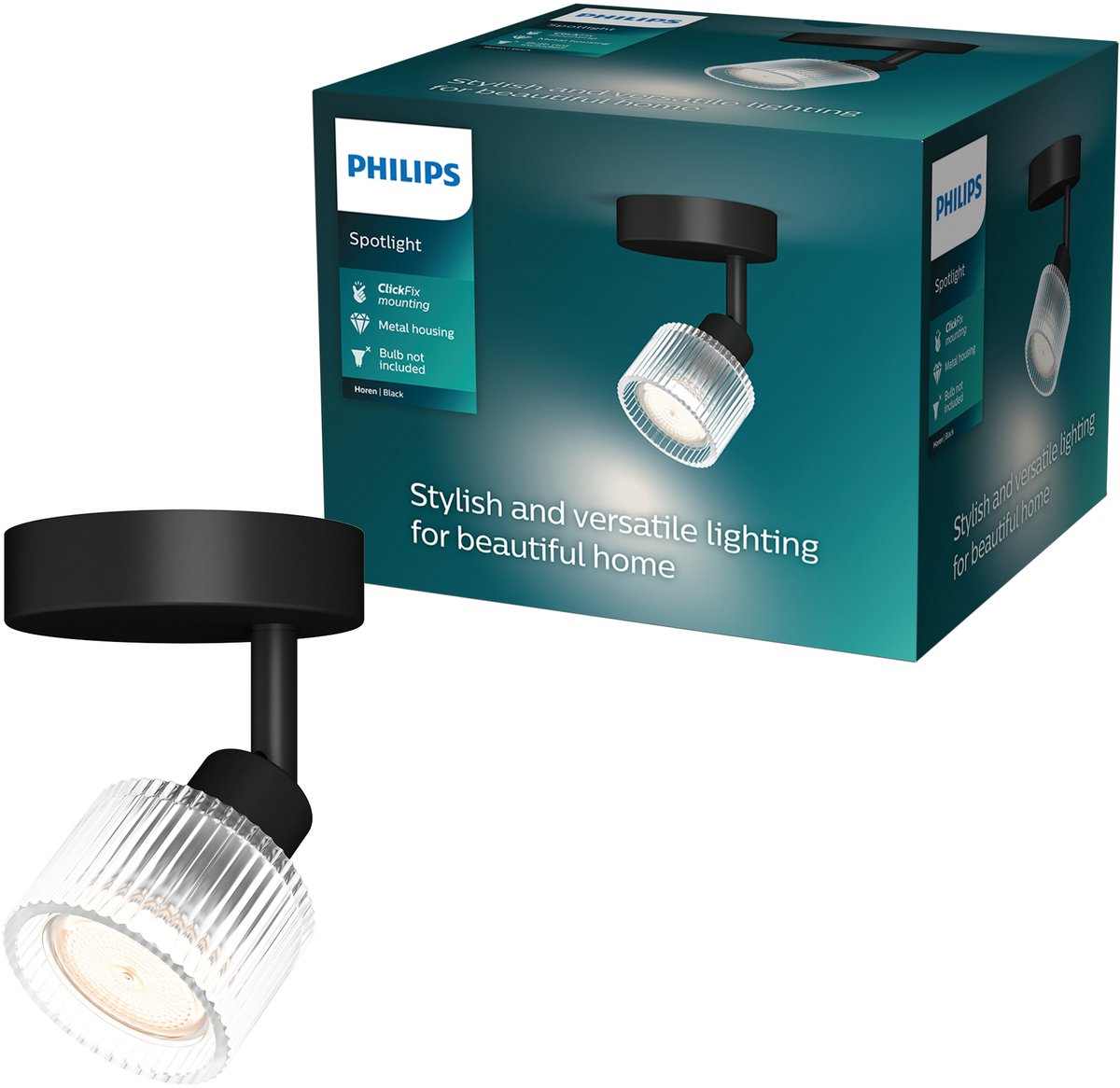 Philips Hearing-Aufbaustrahler – LED-Gu10-Fassung – ausrichtbar – 1 Lichtpunkt – Clickfix – Schwarz mit geriffeltem Glas