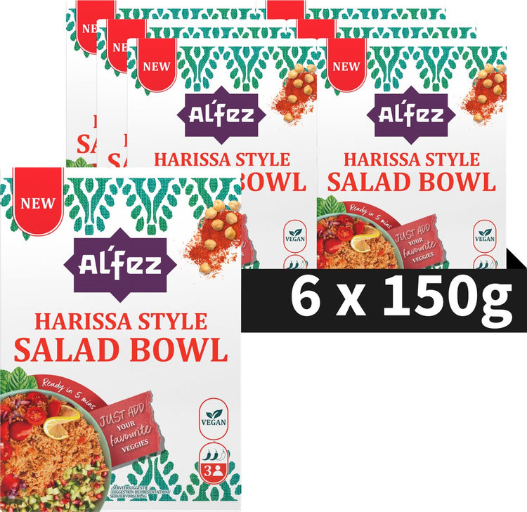 Al'fez al'fez Harissa Salatschüssel – 6 x 150 Gramm – veganer Couscous-Salat – würzige Kräuter – Vorteilspack