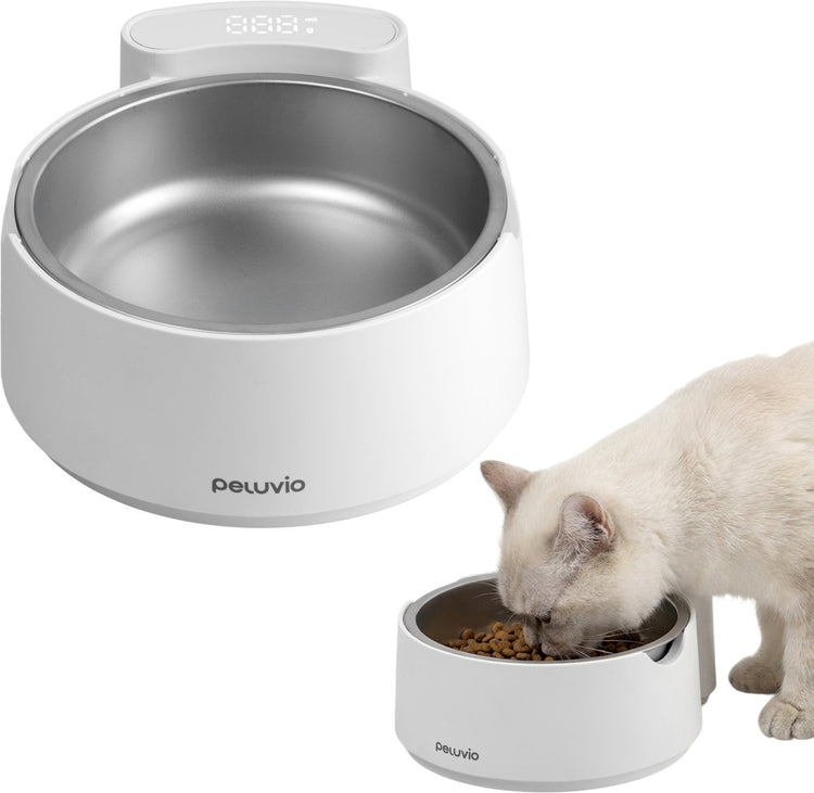 Peluvio Scalo – Futternapf für Katzen mit digitaler Waage – Genauigkeit 1 g – Futternapf aus Edelstahl mit Tarafunktion – für Trocken-, Nassfutter und Wasser – Messung in Gramm ml – LFGB-zertifiziert – 700 g Fassungsvermögen – batteriebetrieben