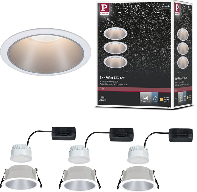 Paulmann LED Einbauleuchte 3-Stufen-Dim Cole Coin 3er Set IP44 rund 88mm Coin 3x6W 3x470lm 230V dimmbar 2700K Weiß, Silber matt