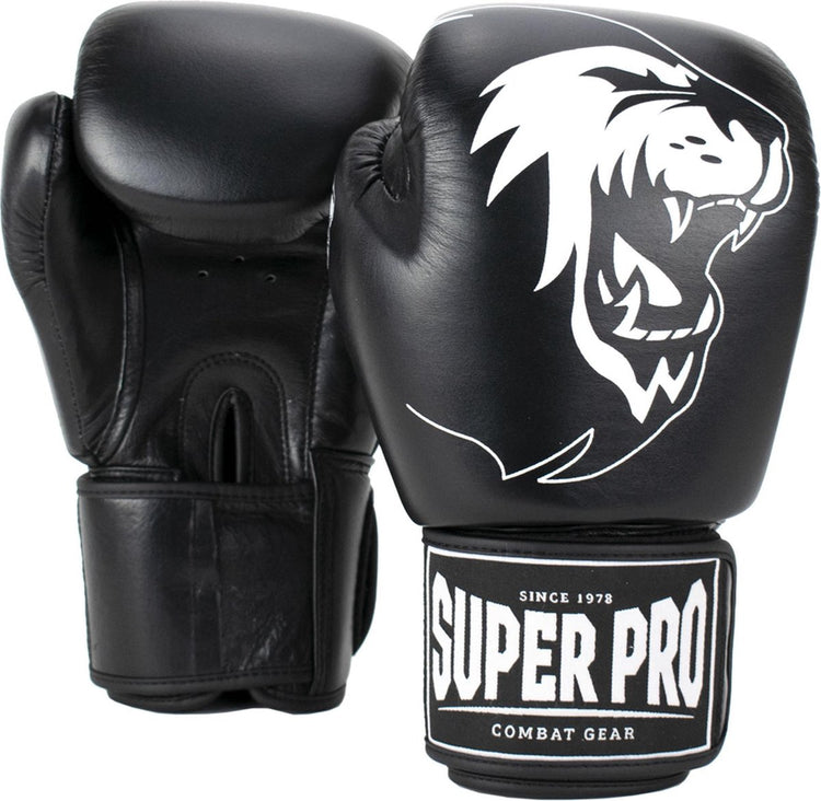 Super Pro Combat Gear Warrior Leder (Kick)Boxhandschuhe schwarz und weiß 16oz
