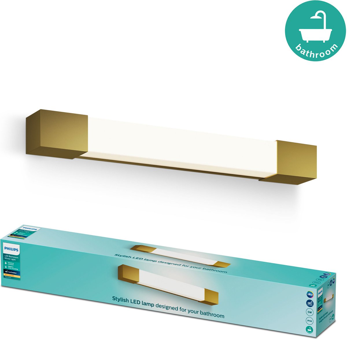 Philips LED Philips Rover Spiegelbeleuchtung – spritzwassergeschützt IP44 – 5W – warmweißes Licht – Badezimmerlampe – rechteckig – messingfarben