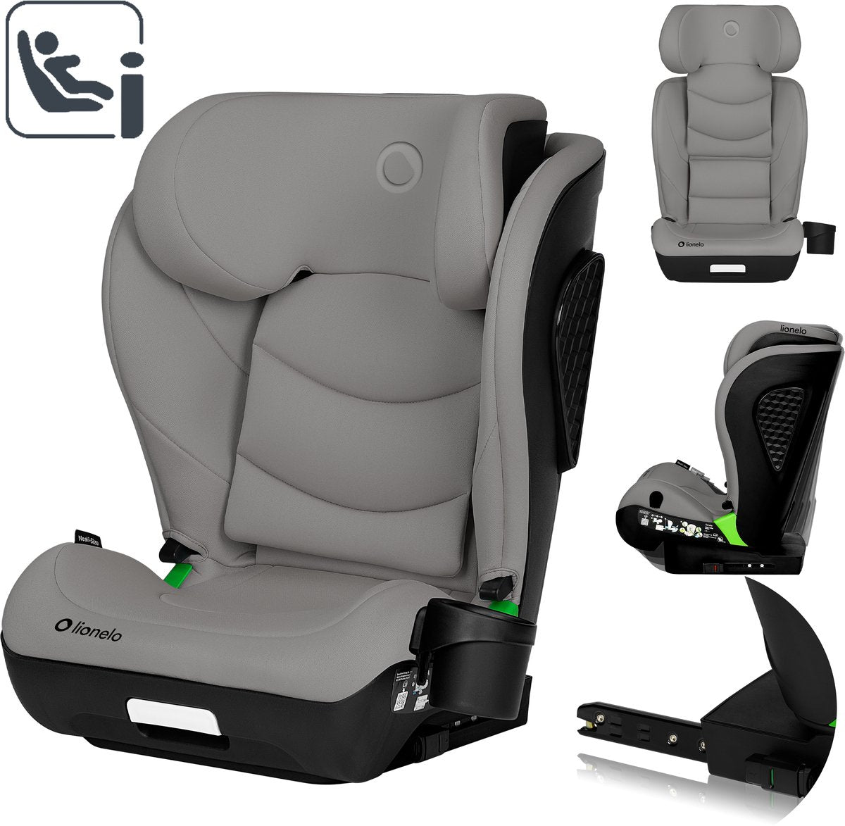 Lionelo Neal i-size – Autositz 100–150 cm – ISOFIX oder Autosicherheitsgurt – verstellbare Kopfstütze (10 Positionen) – neigbare Rückenlehne (4 Positionen) – Seitenaufprallschutz – Getränkehalter – EPP-EPS-Schaum – abnehmbarer Bezug – bequem, universell