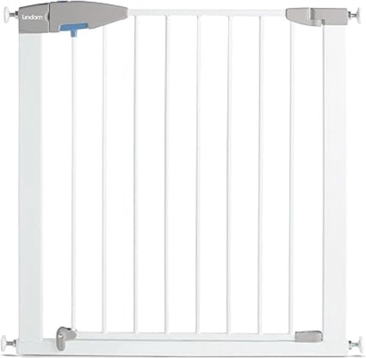 Munchkin Lindam Treppenschutzgitter ohne Bohren – sicher geschlossenes Tor – Sicherheitsgitter – Klemmmontage – Treppenschutzgitter aus Metall – 75–82 cm ausziehbar auf 138 cm – weiß