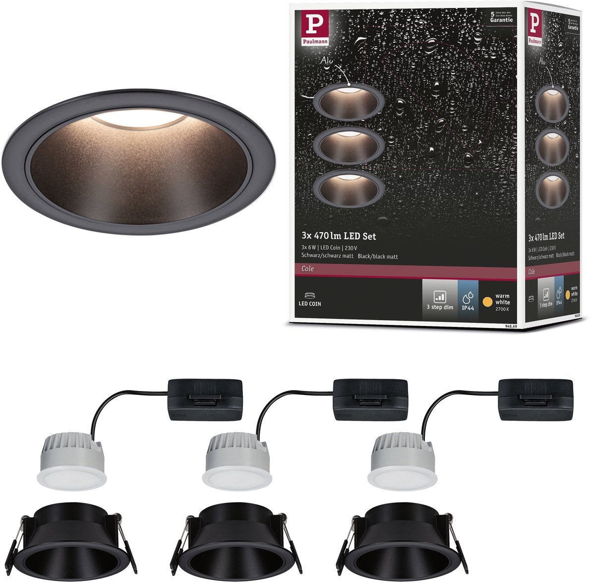 Paulmann LED Einbauleuchte 3-Stufen-Dim Cole Coin 3er Set IP44 rund 88mm Coin 3x6W 3x470lm 230V dimmbar 2700K Schwarz