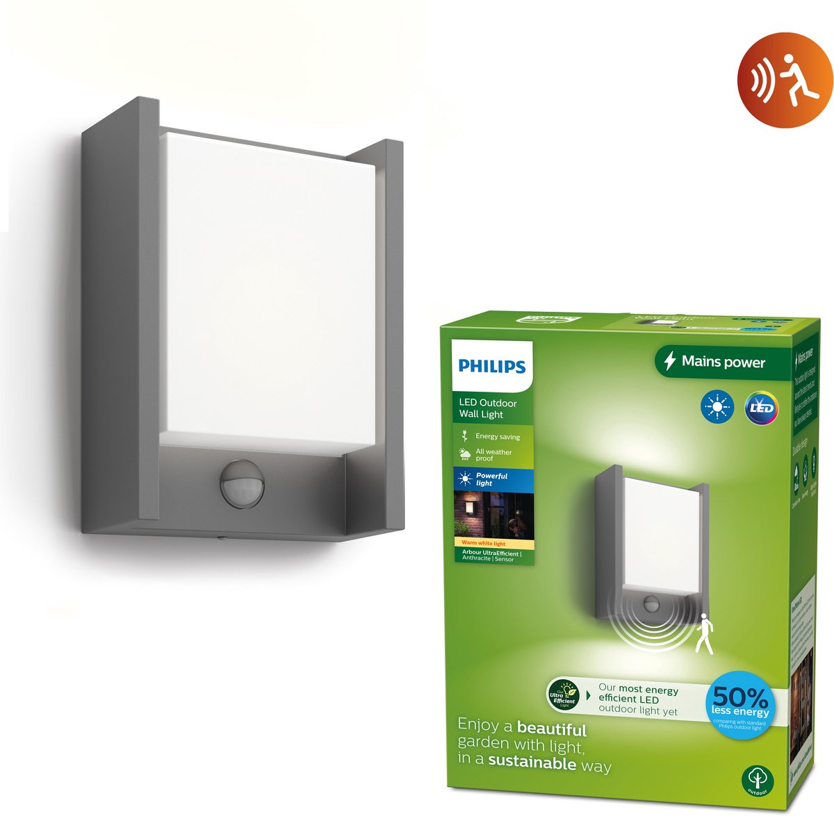 Philips LED Philips Arbor Wandleuchte – ultraeffizient – Anthrazit – mit Sensor – 3,8 W