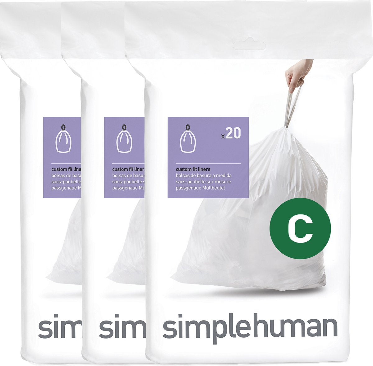 Simplehuman Code C Abfallbeutel – 12 Liter – 60 Stück – mit Kordelzug – weiß