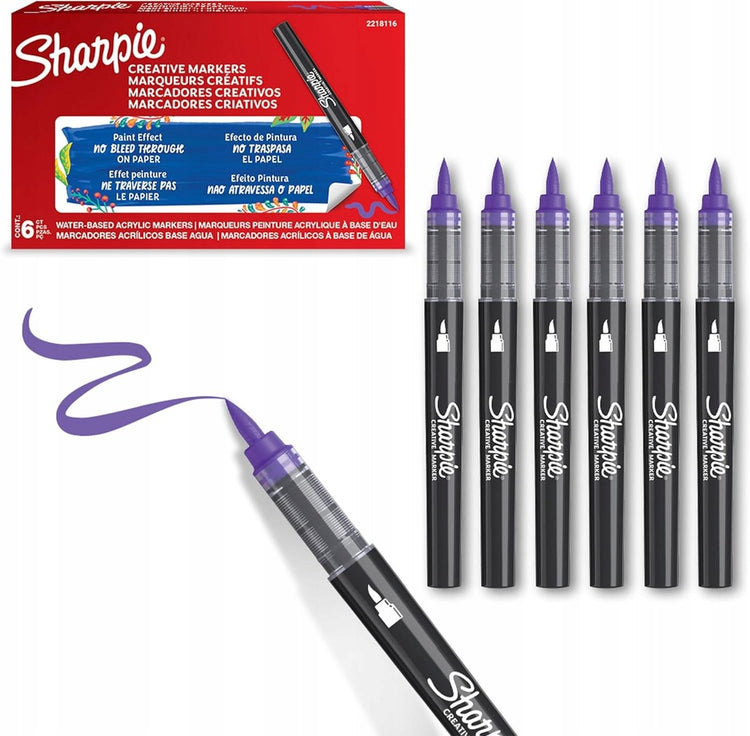Sharpie Creative Marker Acrylfarbenmarker | Pinselspitze | wasserbasierte Farbmarker | Tinte verläuft nicht und ist für die meisten Oberflächen geeignet | lila | 6 Stück