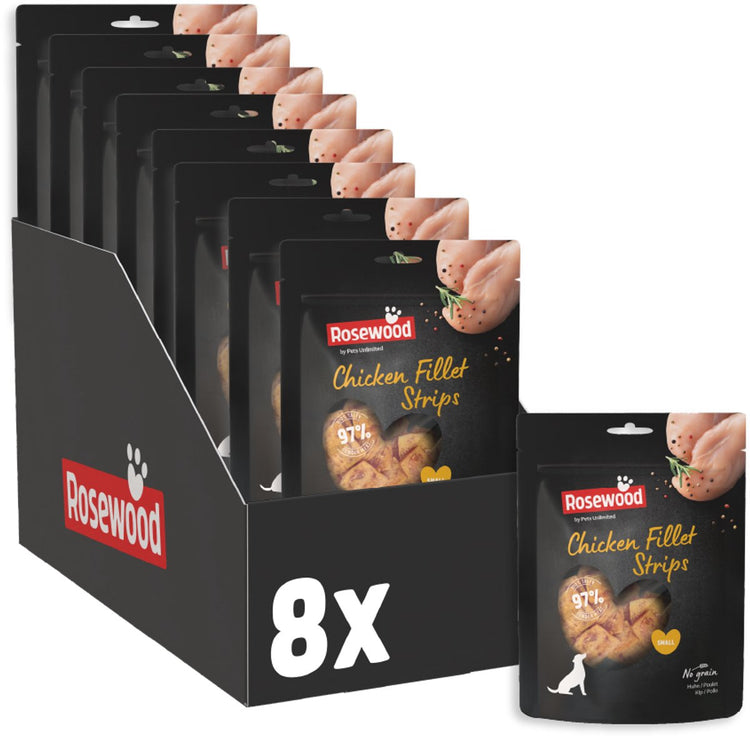 Rosewood Hähnchenfiletstreifen klein – Hundesnack für kleine Hunde – 97 % Huhn – proteinreich, fettarm – ohne künstliche Zusätze – 8 Beutel à 150 g