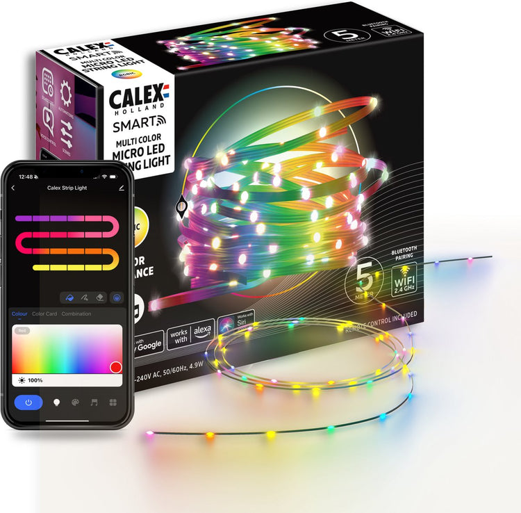 Calex smarter Micro-LED-Streifen – 50 LEDs – geeignet als Weihnachtsbeleuchtung – 5 m – RGBIC – 16 Millionen Farben – App-steuerbar – intelligentes Lichtkabel – Weihnachtsbeleuchtung