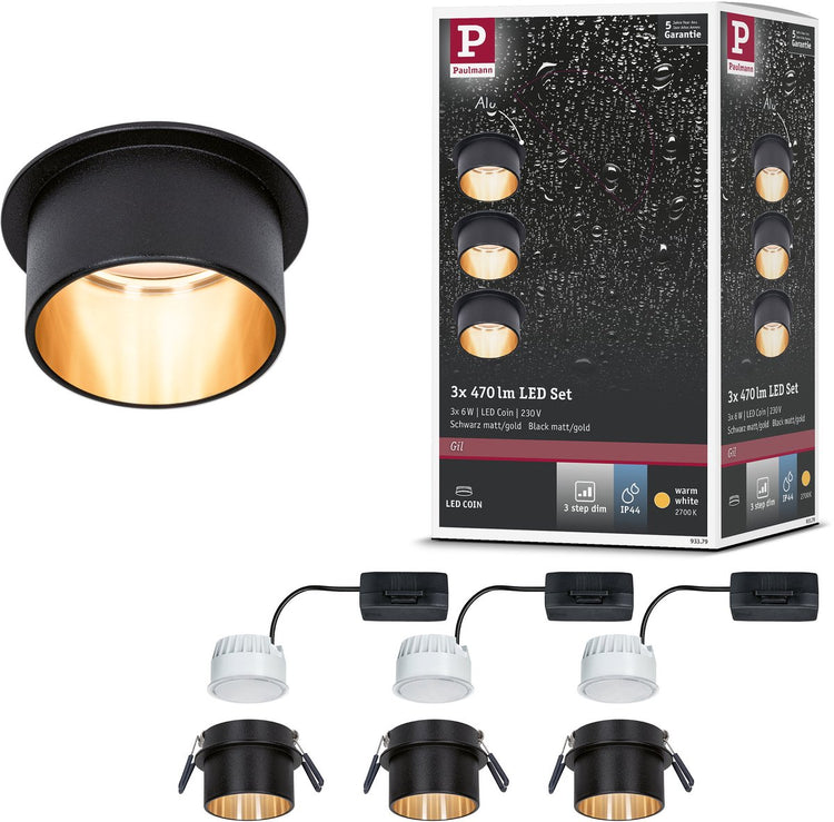 Paulmann LED Einbauleuchte 3-Stufen-dimmen Gil Coin Basisset IP44 rund 68 mm Coin 3x6W 3x470lm 230V dimmbar 2700K Schwarz matt, Gold