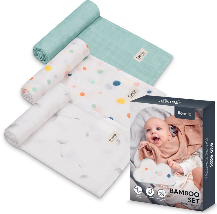 Lionelo Bambus-Set – Windeln aus 100 % Bambus-Baumwolle – 3-teiliges Set – 70 x 70 cm – hypoallergen – antibakteriell – thermoregulierend – atmungsaktiv weich – mehrfarbig – waschbar – ab der Geburt