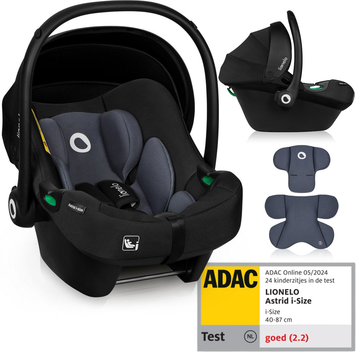 Lionelo Astrid i-Size-Autositz – ADAC 5-Sterne – 40–87 cm – RWF – Memory-Schaum – verstellbare Kopfstütze (7 cm) – Holmbergs-Gurte – kompatibel mit Kinderwagen mit Isofix-Basis – i-Size-Standard – lichtecht