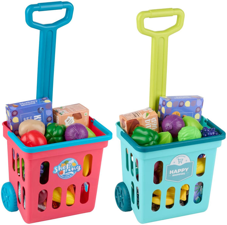 Eddy Toys – Einkaufswagen-Spielzeug-Lebensmittel-Spielset – 21-teilig – Kinder-Einkaufswagen mit Zubehör – Spielzeugladen-Zubehör – 1 zufälliges Set